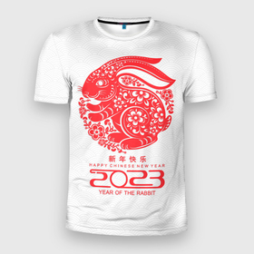 Мужская футболка 3D Slim с принтом Happy chinese New Year, 2023 year of the rabbit в Белгороде, 100% полиэстер с улучшенными характеристиками | приталенный силуэт, круглая горловина, широкие плечи, сужается к линии бедра | Тематика изображения на принте: 