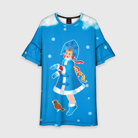 Детское платье 3D с принтом Снегурочка и снежинки в Петрозаводске, 100% полиэстер | прямой силуэт, чуть расширенный к низу. Круглая горловина, на рукавах — воланы | Тематика изображения на принте: 