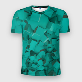 Мужская футболка 3D Slim с принтом Абстрактные сине зелёные кубы в Санкт-Петербурге, 100% полиэстер с улучшенными характеристиками | приталенный силуэт, круглая горловина, широкие плечи, сужается к линии бедра | 