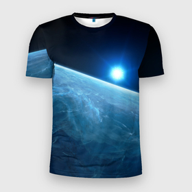 Мужская футболка 3D Slim с принтом Яркая звезда над горизонтом   космос в Новосибирске, 100% полиэстер с улучшенными характеристиками | приталенный силуэт, круглая горловина, широкие плечи, сужается к линии бедра | 