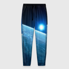 Мужские брюки 3D с принтом Яркая звезда над горизонтом   космос в Санкт-Петербурге, 100% полиэстер | манжеты по низу, эластичный пояс регулируется шнурком, по бокам два кармана без застежек, внутренняя часть кармана из мелкой сетки | 