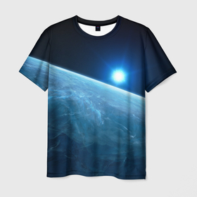 Мужская футболка 3D с принтом Яркая звезда над горизонтом   космос в Новосибирске, 100% полиэфир | прямой крой, круглый вырез горловины, длина до линии бедер | Тематика изображения на принте: 