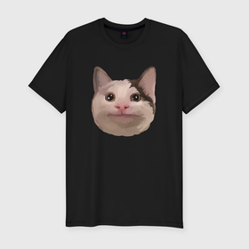Мужская футболка хлопок Slim с принтом Polite cat meme в Тюмени, 92% хлопок, 8% лайкра | приталенный силуэт, круглый вырез ворота, длина до линии бедра, короткий рукав | 