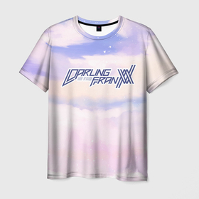 Мужская футболка 3D с принтом Darling in the FranXX sky clouds в Екатеринбурге, 100% полиэфир | прямой крой, круглый вырез горловины, длина до линии бедер | 