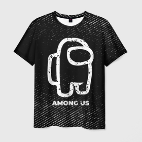 Мужская футболка 3D с принтом Among Us с потертостями на темном фоне в Тюмени, 100% полиэфир | прямой крой, круглый вырез горловины, длина до линии бедер | 