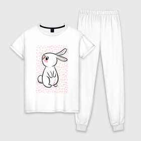 Женская пижама хлопок с принтом Милый кролик и много сердечек в Белгороде, 100% хлопок | брюки и футболка прямого кроя, без карманов, на брюках мягкая резинка на поясе и по низу штанин | Тематика изображения на принте: 