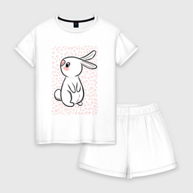 Женская пижама с шортиками хлопок с принтом Милый кролик и много сердечек в Санкт-Петербурге, 100% хлопок | футболка прямого кроя, шорты свободные с широкой мягкой резинкой | 