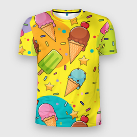 Мужская футболка 3D Slim с принтом Мороженое   Ice cream в Кировске, 100% полиэстер с улучшенными характеристиками | приталенный силуэт, круглая горловина, широкие плечи, сужается к линии бедра | Тематика изображения на принте: 