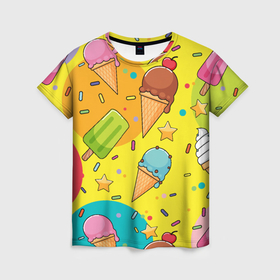Женская футболка 3D с принтом Мороженое   Ice cream , 100% полиэфир ( синтетическое хлопкоподобное полотно) | прямой крой, круглый вырез горловины, длина до линии бедер | 