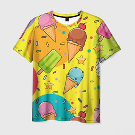Мужская футболка 3D с принтом Мороженое   Ice cream в Кировске, 100% полиэфир | прямой крой, круглый вырез горловины, длина до линии бедер | Тематика изображения на принте: 