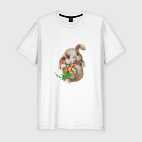Мужская футболка хлопок Slim с принтом Маленький кролик с морковкой , 92% хлопок, 8% лайкра | приталенный силуэт, круглый вырез ворота, длина до линии бедра, короткий рукав | 