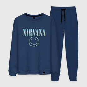 Мужской костюм хлопок с принтом Nirvana   смайлик в городе Новоалтайск, 100% хлопок | на свитшоте круглая горловина, мягкая резинка по низу. Брюки заужены к низу, на них два вида карманов: два “обычных” по бокам и два объемных, с клапанами, расположенные ниже линии бедра. Брюки с мягкой трикотажной резинкой на поясе и по низу штанин. В поясе для дополнительного комфорта — широкие завязки | Тематика изображения на принте: 