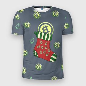 Мужская футболка 3D Slim с принтом Christmas funny bitcoin в Екатеринбурге, 100% полиэстер с улучшенными характеристиками | приталенный силуэт, круглая горловина, широкие плечи, сужается к линии бедра | 