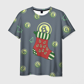Мужская футболка 3D с принтом Christmas funny bitcoin в Новосибирске, 100% полиэфир | прямой крой, круглый вырез горловины, длина до линии бедер | Тематика изображения на принте: 