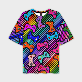 Мужская футболка OVERSIZE 3D с принтом Многоцветные полоски с джойстиками ,  |  | 