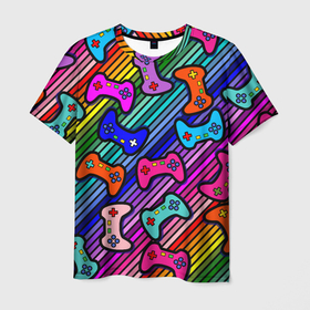 Мужская футболка 3D с принтом Многоцветные полоски с джойстиками в Белгороде, 100% полиэфир | прямой крой, круглый вырез горловины, длина до линии бедер | 