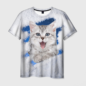 Мужская футболка 3D с принтом Котёнок в снегу , 100% полиэфир | прямой крой, круглый вырез горловины, длина до линии бедер | 