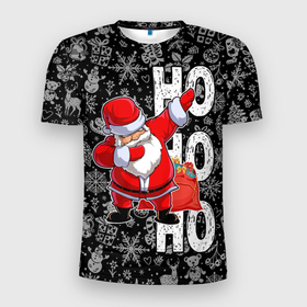 Мужская футболка 3D Slim с принтом Santa Claus, dabbing, through the snow в Санкт-Петербурге, 100% полиэстер с улучшенными характеристиками | приталенный силуэт, круглая горловина, широкие плечи, сужается к линии бедра | Тематика изображения на принте: 