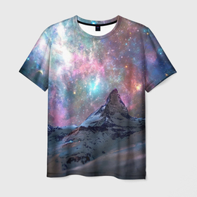 Мужская футболка 3D с принтом Снежная вершина и бесконечное космическое пространство , 100% полиэфир | прямой крой, круглый вырез горловины, длина до линии бедер | 