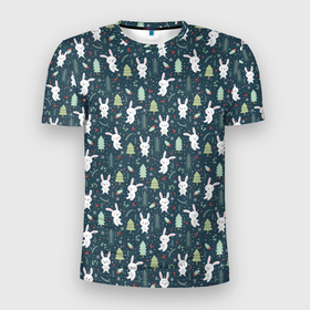 Мужская футболка 3D Slim с принтом Новогодний паттерн, год кролика , 100% полиэстер с улучшенными характеристиками | приталенный силуэт, круглая горловина, широкие плечи, сужается к линии бедра | Тематика изображения на принте: 