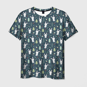 Мужская футболка 3D с принтом Новогодний паттерн, год кролика , 100% полиэфир | прямой крой, круглый вырез горловины, длина до линии бедер | Тематика изображения на принте: 