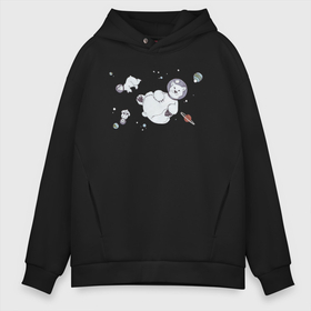 Мужское худи Oversize хлопок с принтом Белые медведи в космосе в Ханты-Майнсийске, френч-терри — 70% хлопок, 30% полиэстер. Мягкий теплый начес внутри —100% хлопок | боковые карманы, эластичные манжеты и нижняя кромка, капюшон на магнитной кнопке | Тематика изображения на принте: 