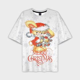 Мужская футболка OVERSIZE 3D с принтом Cute rabbit with kitten, merry Christmas в Белгороде,  |  | 