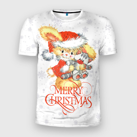 Мужская футболка 3D Slim с принтом Cute rabbit with kitten, merry Christmas в Белгороде, 100% полиэстер с улучшенными характеристиками | приталенный силуэт, круглая горловина, широкие плечи, сужается к линии бедра | 