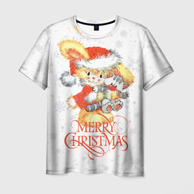 Мужская футболка 3D с принтом Cute rabbit with kitten, merry Christmas в Екатеринбурге, 100% полиэфир | прямой крой, круглый вырез горловины, длина до линии бедер | 