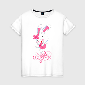 Женская футболка хлопок с принтом Cute bunny, merry Christmas в Екатеринбурге, 100% хлопок | прямой крой, круглый вырез горловины, длина до линии бедер, слегка спущенное плечо | 