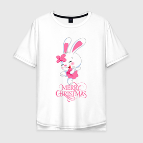 Мужская футболка хлопок Oversize с принтом Cute bunny, merry Christmas в Новосибирске, 100% хлопок | свободный крой, круглый ворот, “спинка” длиннее передней части | 