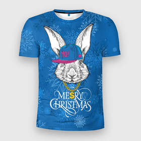 Мужская футболка 3D Slim с принтом Merry Christmas, rabbit in cap в Белгороде, 100% полиэстер с улучшенными характеристиками | приталенный силуэт, круглая горловина, широкие плечи, сужается к линии бедра | 