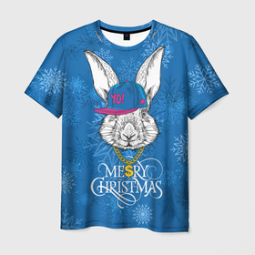 Мужская футболка 3D с принтом Merry Christmas, rabbit in cap в Екатеринбурге, 100% полиэфир | прямой крой, круглый вырез горловины, длина до линии бедер | 