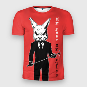 Мужская футболка 3D Slim с принтом Dangerous rabbit, my year   my rules в Белгороде, 100% полиэстер с улучшенными характеристиками | приталенный силуэт, круглая горловина, широкие плечи, сужается к линии бедра | 