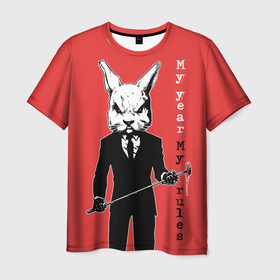 Мужская футболка 3D с принтом Dangerous rabbit, my year   my rules в Курске, 100% полиэфир | прямой крой, круглый вырез горловины, длина до линии бедер | Тематика изображения на принте: 