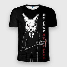 Мужская футболка 3D Slim с принтом Cruel rabbit, my year   my rules в Белгороде, 100% полиэстер с улучшенными характеристиками | приталенный силуэт, круглая горловина, широкие плечи, сужается к линии бедра | 