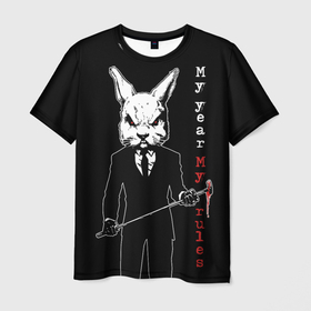 Мужская футболка 3D с принтом Cruel rabbit, my year   my rules в Белгороде, 100% полиэфир | прямой крой, круглый вырез горловины, длина до линии бедер | 