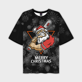 Мужская футболка OVERSIZE 3D с принтом Merry Christmas Cool Santa with a baseball bat. ,  |  | Тематика изображения на принте: 
