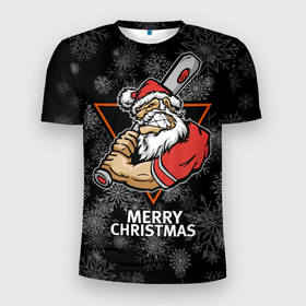 Мужская футболка 3D Slim с принтом Merry Christmas Cool Santa with a baseball bat. в Кировске, 100% полиэстер с улучшенными характеристиками | приталенный силуэт, круглая горловина, широкие плечи, сужается к линии бедра | 