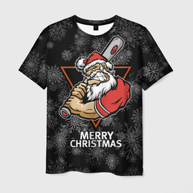Мужская футболка 3D с принтом Merry Christmas Cool Santa with a baseball bat. в Белгороде, 100% полиэфир | прямой крой, круглый вырез горловины, длина до линии бедер | 