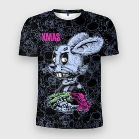 Мужская футболка 3D Slim с принтом XMAS Zombie rabbit with carrot. в Тюмени, 100% полиэстер с улучшенными характеристиками | приталенный силуэт, круглая горловина, широкие плечи, сужается к линии бедра | Тематика изображения на принте: 