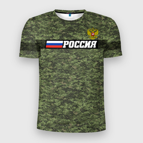 Мужская футболка 3D Slim с принтом Камуфляж пиксельный РОССИЯ с флагом в Екатеринбурге, 100% полиэстер с улучшенными характеристиками | приталенный силуэт, круглая горловина, широкие плечи, сужается к линии бедра | 