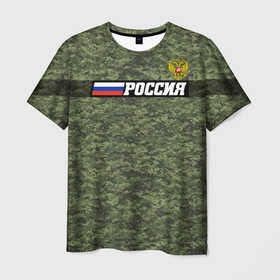 Мужская футболка 3D с принтом Камуфляж пиксельный РОССИЯ с флагом в Петрозаводске, 100% полиэфир | прямой крой, круглый вырез горловины, длина до линии бедер | 
