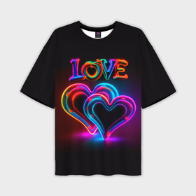 Мужская футболка oversize 3D с принтом Love   неоновые сердца ,  |  | 