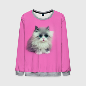 Мужской свитшот 3D с принтом Котёнок на розовой футболке в Тюмени, 100% полиэстер с мягким внутренним слоем | круглый вырез горловины, мягкая резинка на манжетах и поясе, свободная посадка по фигуре | 