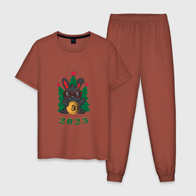 Мужская пижама хлопок с принтом Черный новогодний кролик в Белгороде, 100% хлопок | брюки и футболка прямого кроя, без карманов, на брюках мягкая резинка на поясе и по низу штанин
 | Тематика изображения на принте: 