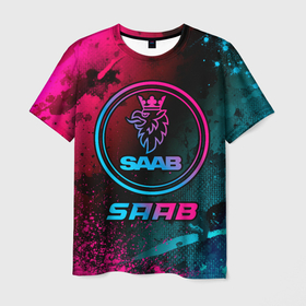 Мужская футболка 3D с принтом Saab   neon gradient в Екатеринбурге, 100% полиэфир | прямой крой, круглый вырез горловины, длина до линии бедер | Тематика изображения на принте: 