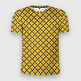 Мужская футболка 3D Slim с принтом Черно желтый клетчатый узор в Новосибирске, 100% полиэстер с улучшенными характеристиками | приталенный силуэт, круглая горловина, широкие плечи, сужается к линии бедра | 