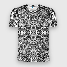 Мужская футболка 3D Slim с принтом Черно белый ажурный кружевной узор в Курске, 100% полиэстер с улучшенными характеристиками | приталенный силуэт, круглая горловина, широкие плечи, сужается к линии бедра | Тематика изображения на принте: 
