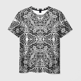 Мужская футболка 3D с принтом Черно белый ажурный кружевной узор в Курске, 100% полиэфир | прямой крой, круглый вырез горловины, длина до линии бедер | Тематика изображения на принте: 